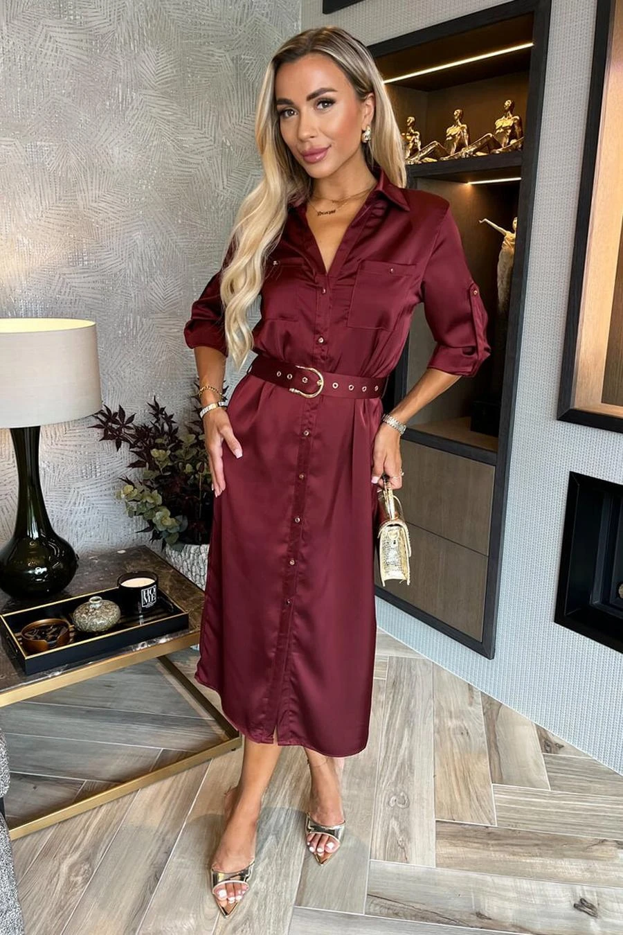 AX Paris Wine Satin Belted 3/4 Sleeve Gold Buttons Shirt Midi Dress 1 AX Paris Wine Satin Belted 3/4 Sleeve Gold Buttons Shirt Midi Dress