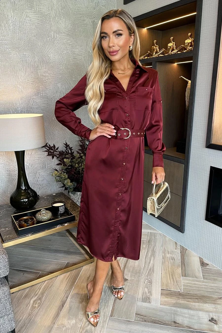AX Paris Wine Satin Belted 3/4 Sleeve Gold Buttons Shirt Midi Dress 2 AX Paris Wine Satin Belted 3/4 Sleeve Gold Buttons Shirt Midi Dress - Image 2