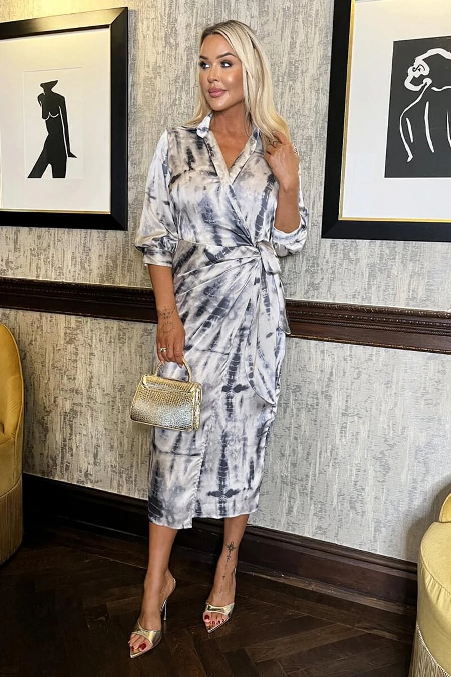 AX Paris Grey Printed 3/4 Sleeve Side Tie Waist Wrap Shirt Midi Dress 3 AX Paris Grey Printed 3/4 Sleeve Side Tie Waist Wrap Shirt Midi Dress - Image 3