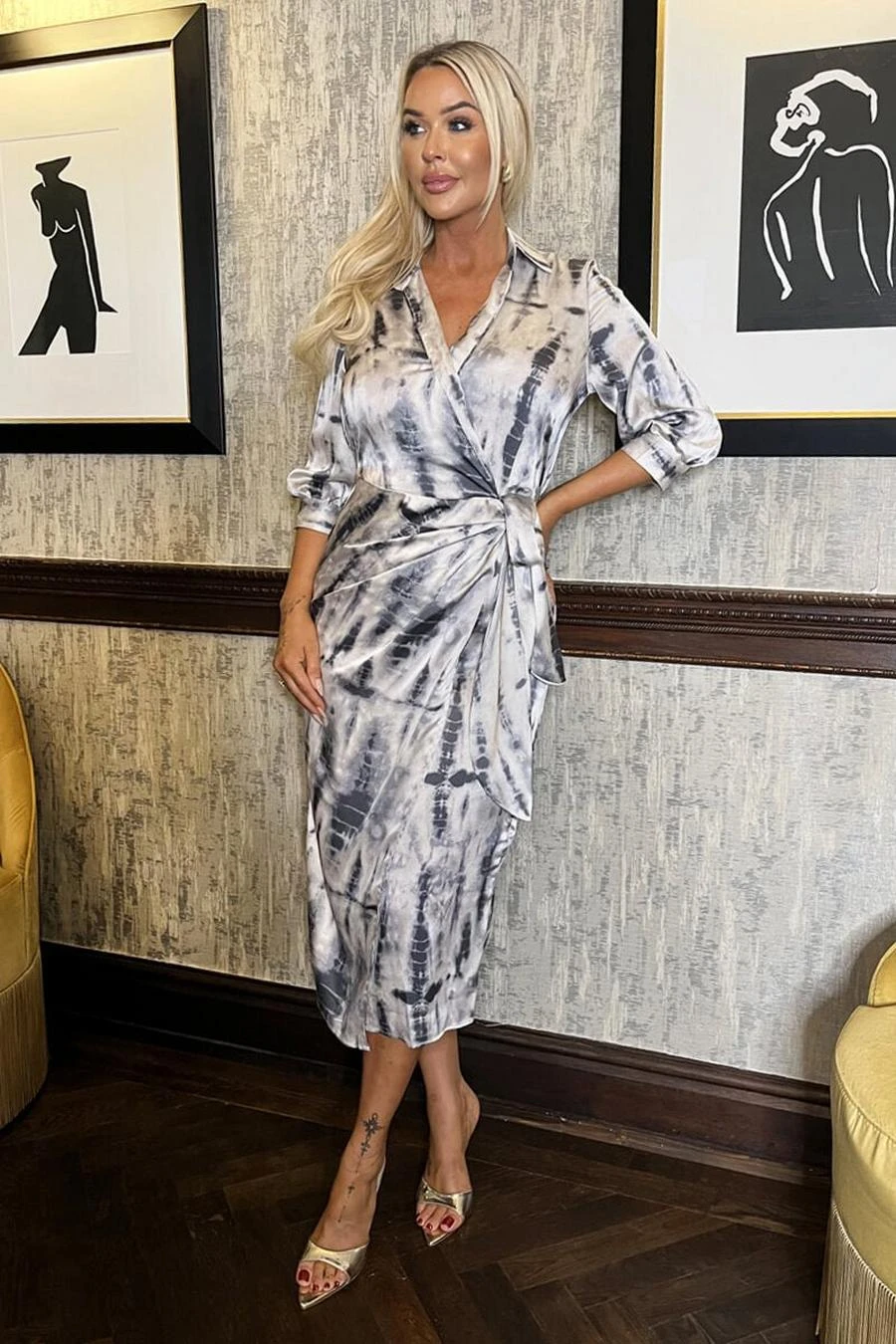 AX Paris Grey Printed 3/4 Sleeve Side Tie Waist Wrap Shirt Midi Dress 1 AX Paris Grey Printed 3/4 Sleeve Side Tie Waist Wrap Shirt Midi Dress