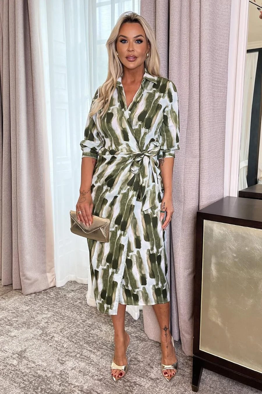 AX Paris Khaki Brush Stroke Print 3/4 Sleeve Tie Waist Wrap Shirt Midi Dress 3 AX Paris Khaki Brush Stroke Print 3/4 Sleeve Tie Waist Wrap Shirt Midi Dress - Image 3