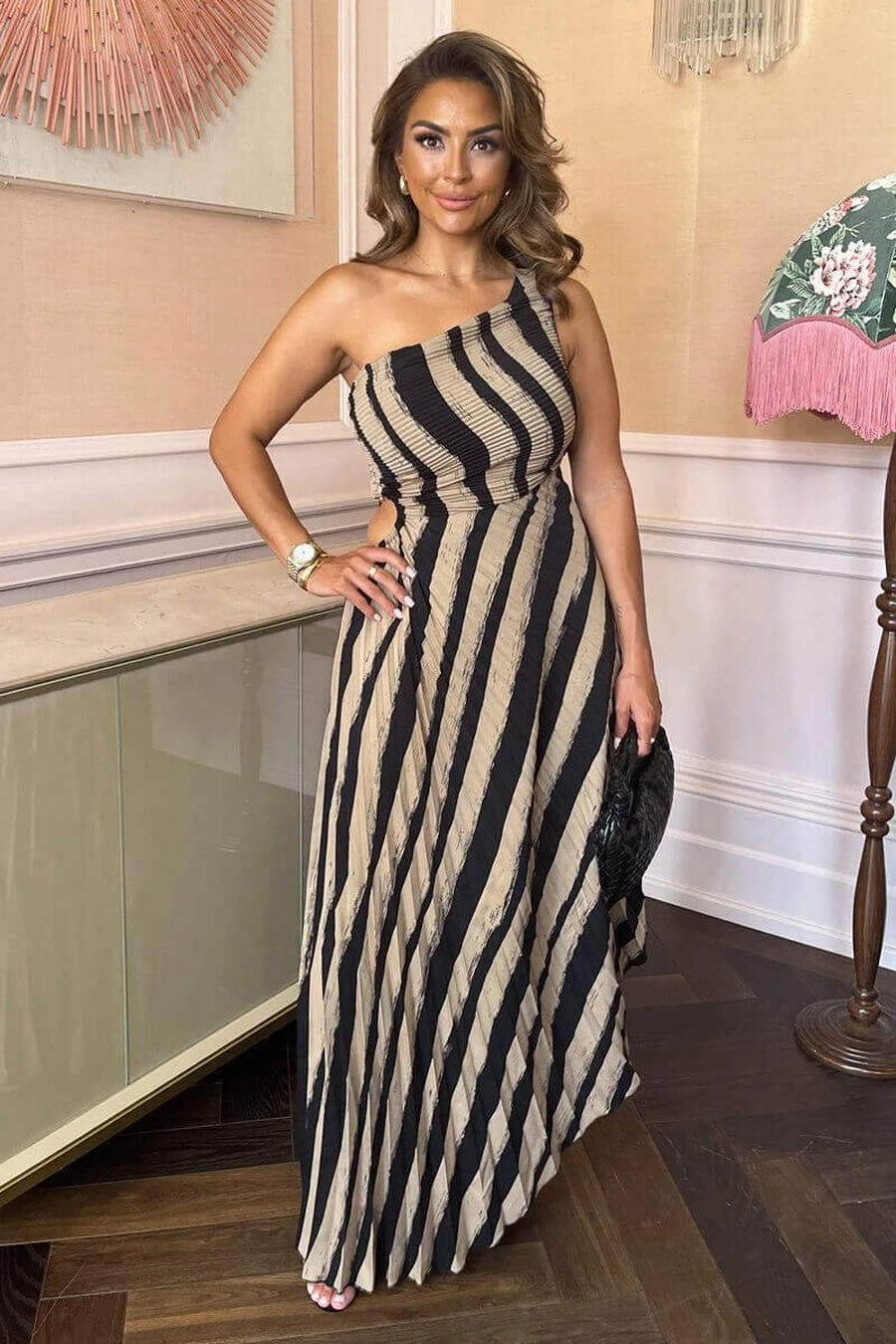 AX Paris Beige Striped Print One Shoulder Pleated Midi Dress 2 AX Paris Beige Striped Print One Shoulder Pleated Midi Dress - Image 2