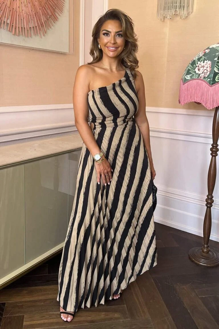 AX Paris Beige Striped Print One Shoulder Pleated Midi Dress