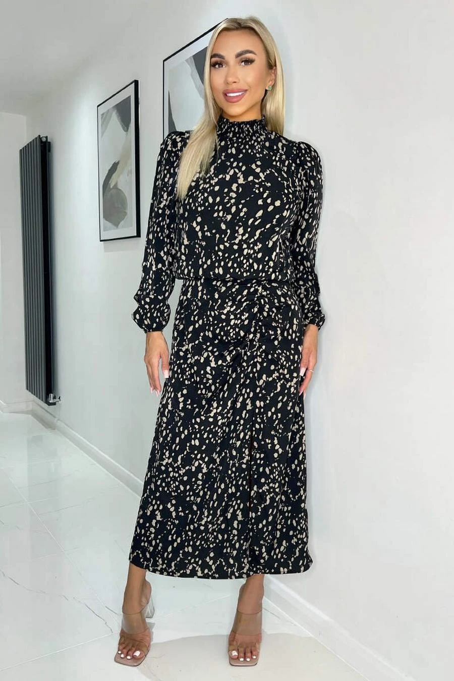 AX Paris Black And Beige Printed High Neck Split Skirt Midi Dress 2 AX Paris Black And Beige Printed High Neck Split Skirt Midi Dress - Image 2