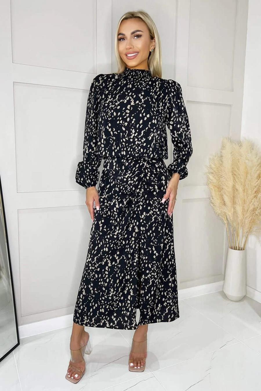 AX Paris Black And Beige Printed High Neck Split Skirt Midi Dress 3 AX Paris Black And Beige Printed High Neck Split Skirt Midi Dress - Image 3