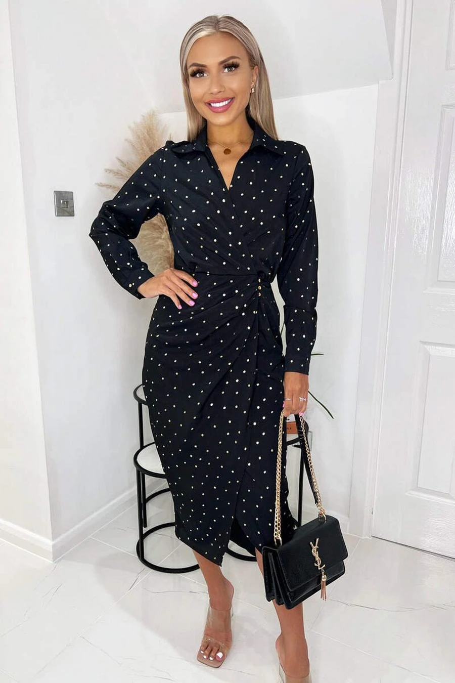 AX Paris Black And Gold Polka Dot Gathered Midi Dress 1 AX Paris Black And Gold Polka Dot Gathered Midi Dress