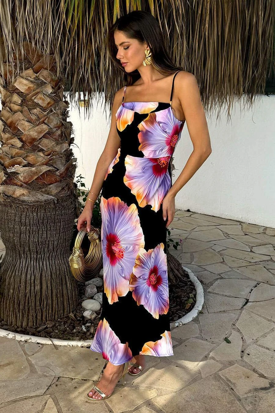 AX Paris Black And Lilac Floral Print Strappy Slip Midi Dress 3 AX Paris Black And Lilac Floral Print Strappy Slip Midi Dress - Image 3