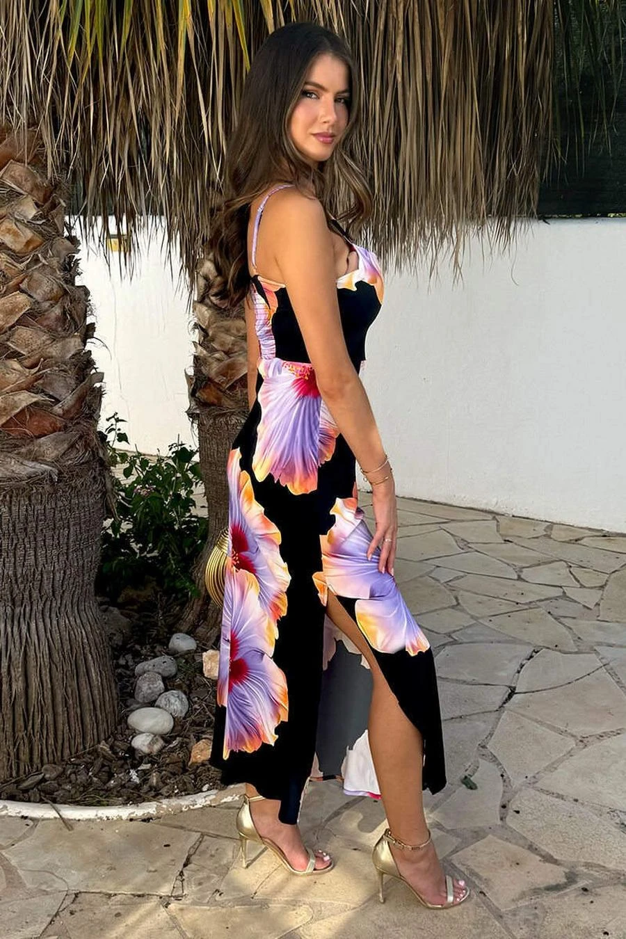 AX Paris Black And Lilac Floral Print Strappy Slip Midi Dress 4 AX Paris Black And Lilac Floral Print Strappy Slip Midi Dress - Image 4