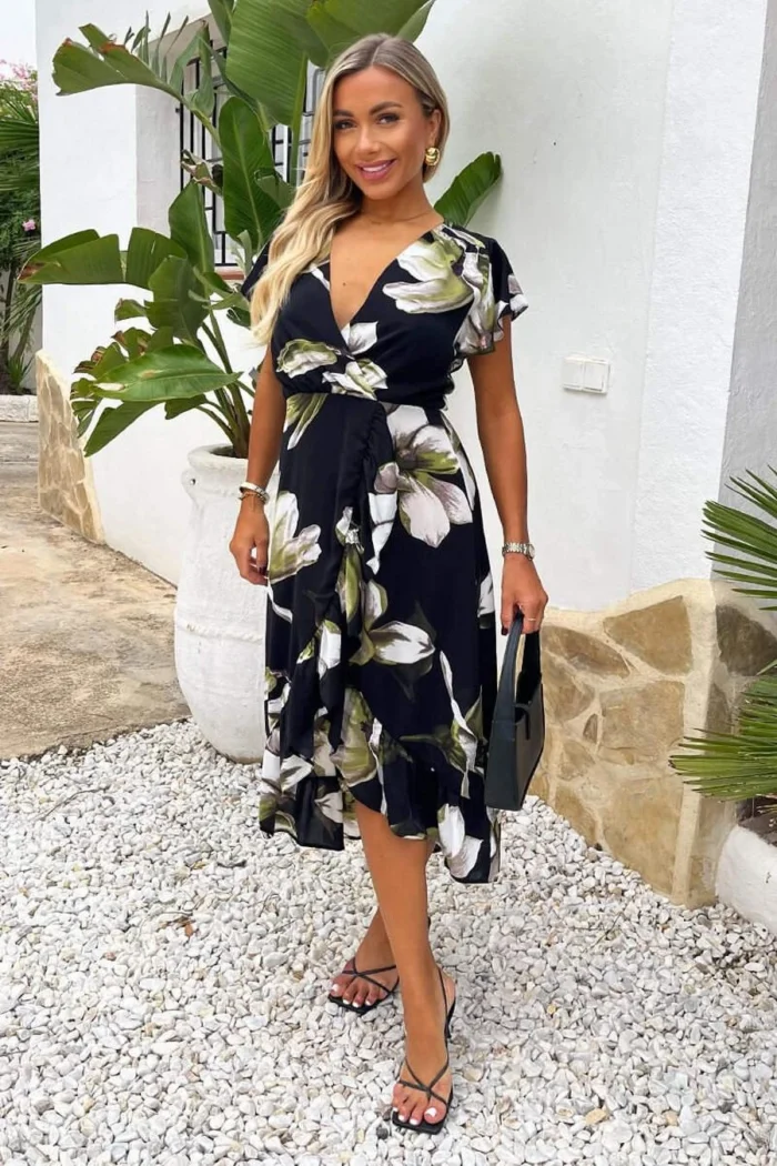 AX Paris Black And White Floral Print Frill Hem Wrap Midi Dress