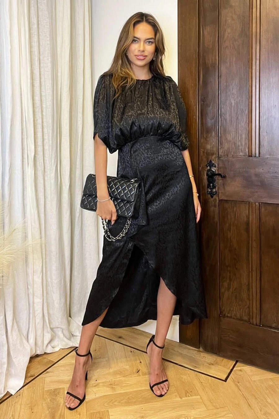 AX Paris Black Animal Print Batwing Gathered Top Midi Dress 1 AX Paris Black Animal Print Batwing Gathered Top Midi Dress