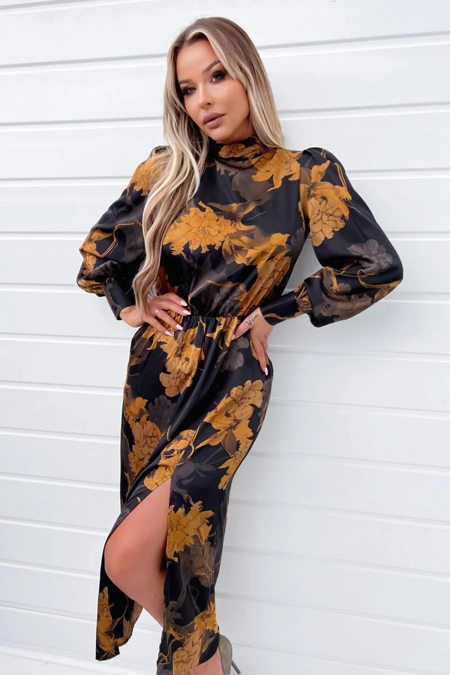 AX Paris Black Floral Print High Neck Long Sleeve Midi Dress 3 AX Paris Black Floral Print High Neck Long Sleeve Midi Dress - Image 3