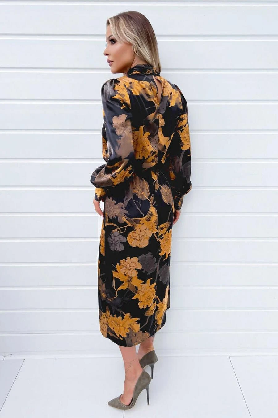 AX Paris Black Floral Print High Neck Long Sleeve Midi Dress 4 AX Paris Black Floral Print High Neck Long Sleeve Midi Dress - Image 4