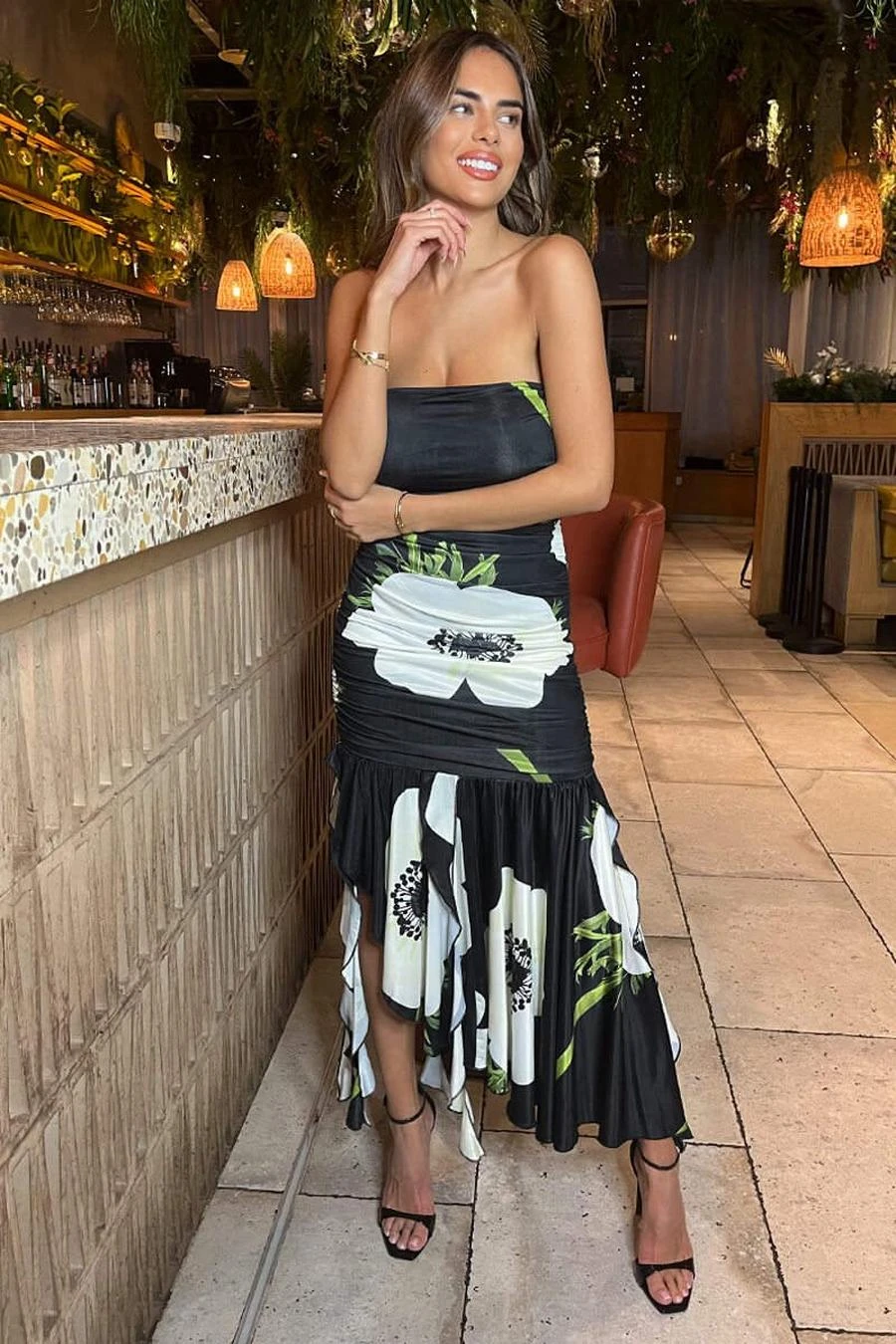 AX Paris Black Floral Printed Strapless Ruched Midi Dress 3 AX Paris Black Floral Printed Strapless Ruched Midi Dress - Image 3