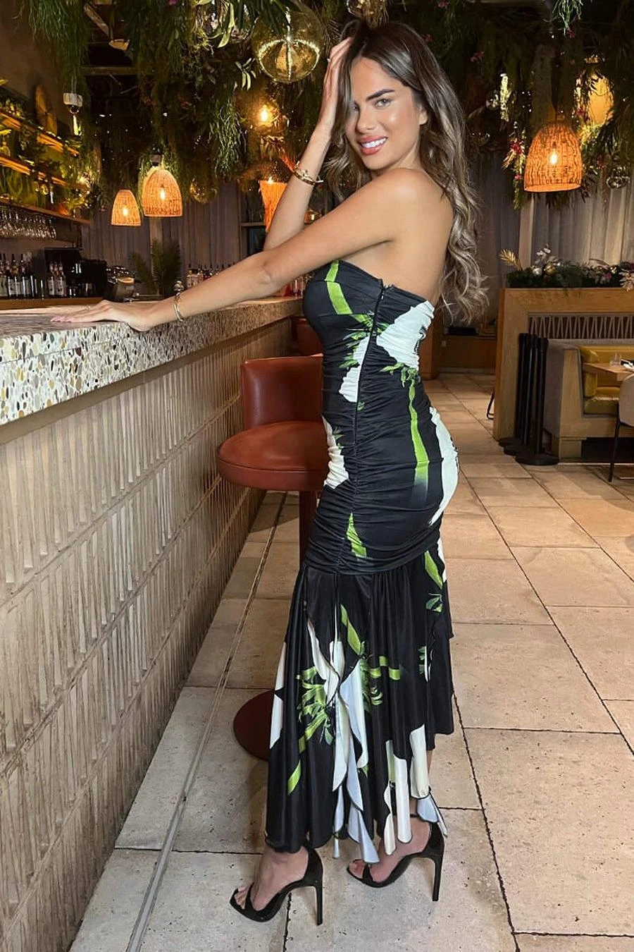 AX Paris Black Floral Printed Strapless Ruched Midi Dress 4 AX Paris Black Floral Printed Strapless Ruched Midi Dress - Image 4