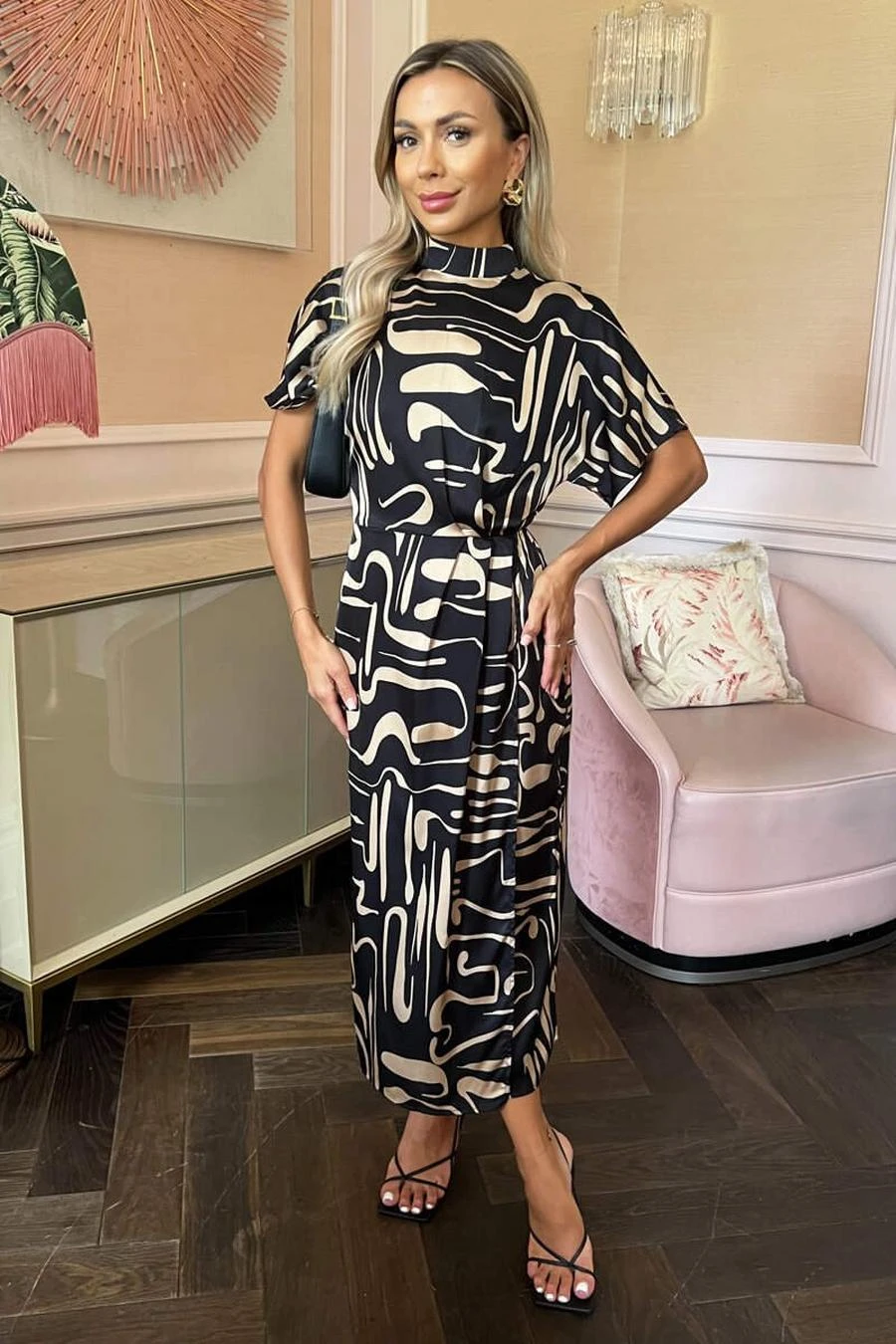 AX Paris Black Geometric Pattern High Neck Wrap Skirt Midi Dress 2 AX Paris Black Geometric Pattern High Neck Wrap Skirt Midi Dress - Image 2