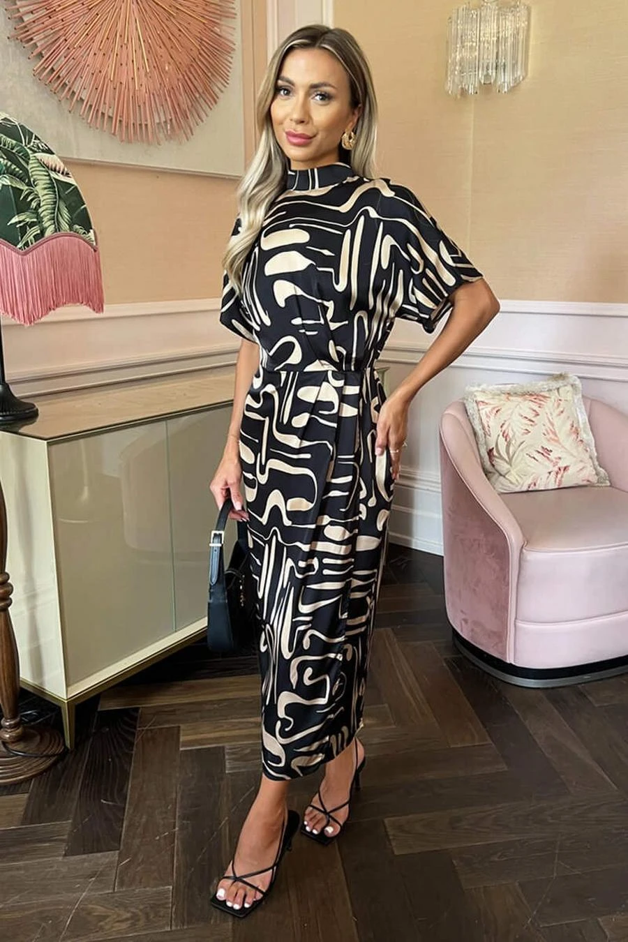 AX Paris Black Geometric Pattern High Neck Wrap Skirt Midi Dress 1 AX Paris Black Geometric Pattern High Neck Wrap Skirt Midi Dress