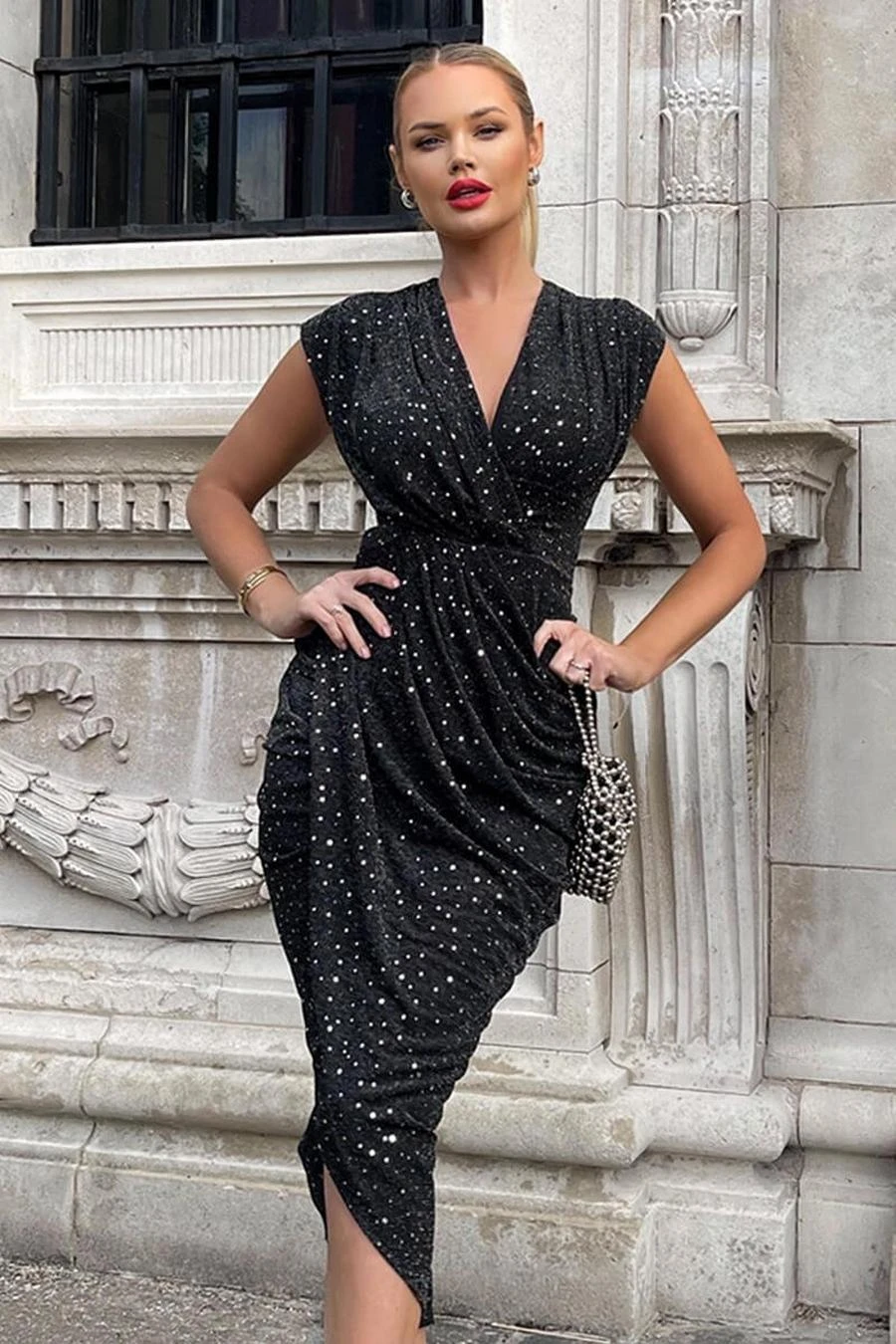 AX Paris Black Glitter Wrap Draped Midi Dress 2 AX Paris Black Glitter Wrap Draped Midi Dress - Image 2