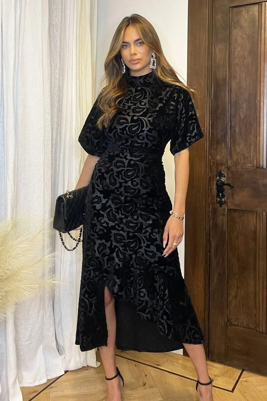 AX Paris Black Jacquard Velvet Asymmetrical Hem High Neck Midi Dress 2 AX Paris Black Jacquard Velvet Asymmetrical Hem High Neck Midi Dress - Image 2