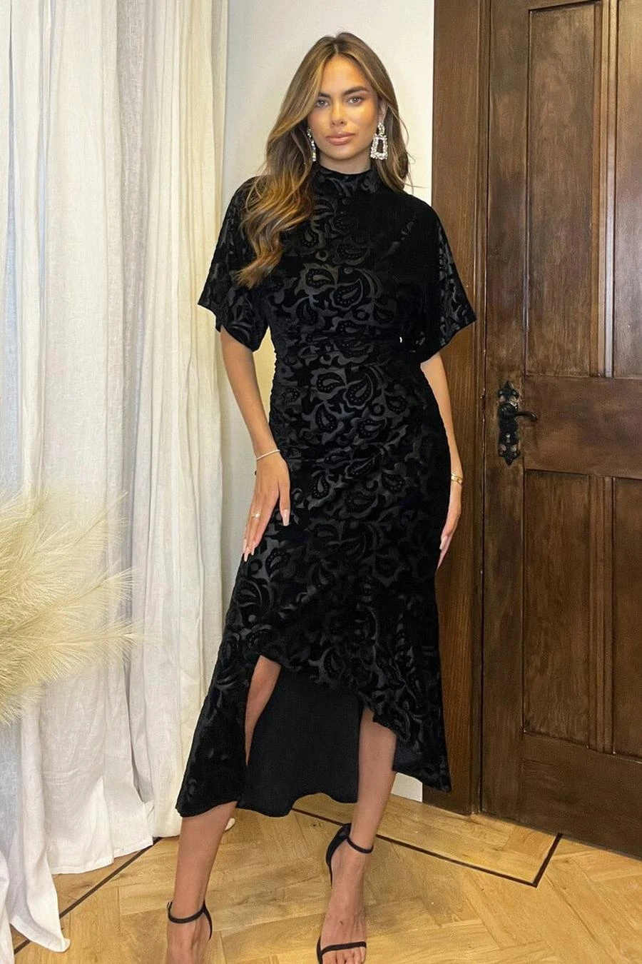 AX Paris Black Jacquard Velvet Asymmetrical Hem High Neck Midi Dress 3 AX Paris Black Jacquard Velvet Asymmetrical Hem High Neck Midi Dress - Image 3