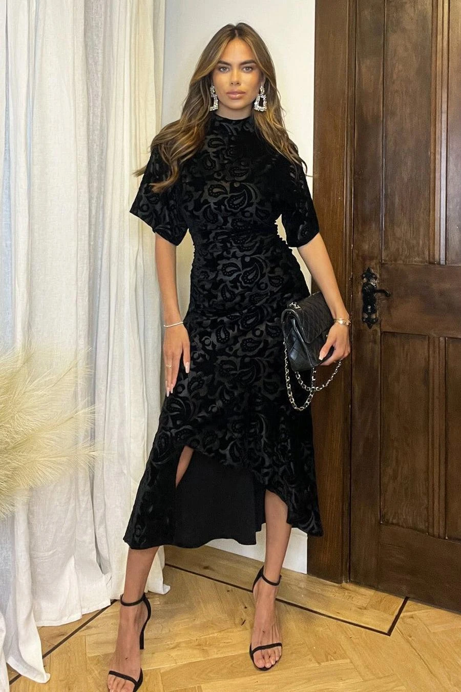 AX Paris Black Jacquard Velvet Asymmetrical Hem High Neck Midi Dress 1 AX Paris Black Jacquard Velvet Asymmetrical Hem High Neck Midi Dress