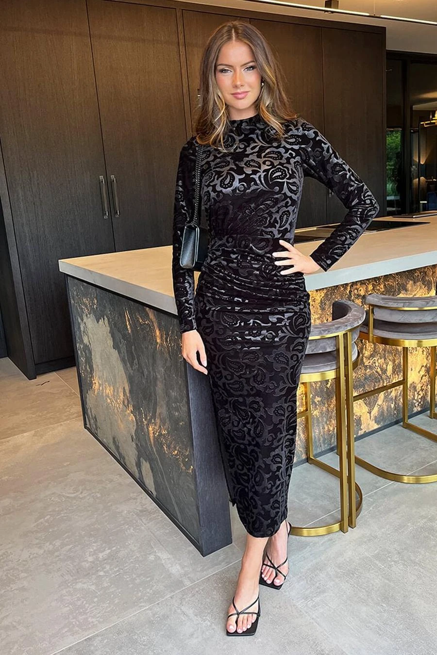 AX Paris Black Jacquard Velvet Long Sleeve Gathered Side Midi Dress 3 AX Paris Black Jacquard Velvet Long Sleeve Gathered Side Midi Dress - Image 3