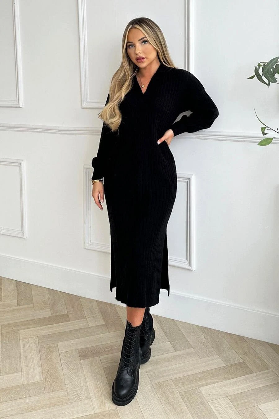 AX Paris Black Knit Long Sleeve Collared Midi Dress 2 AX Paris Black Knit Long Sleeve Collared Midi Dress - Image 2