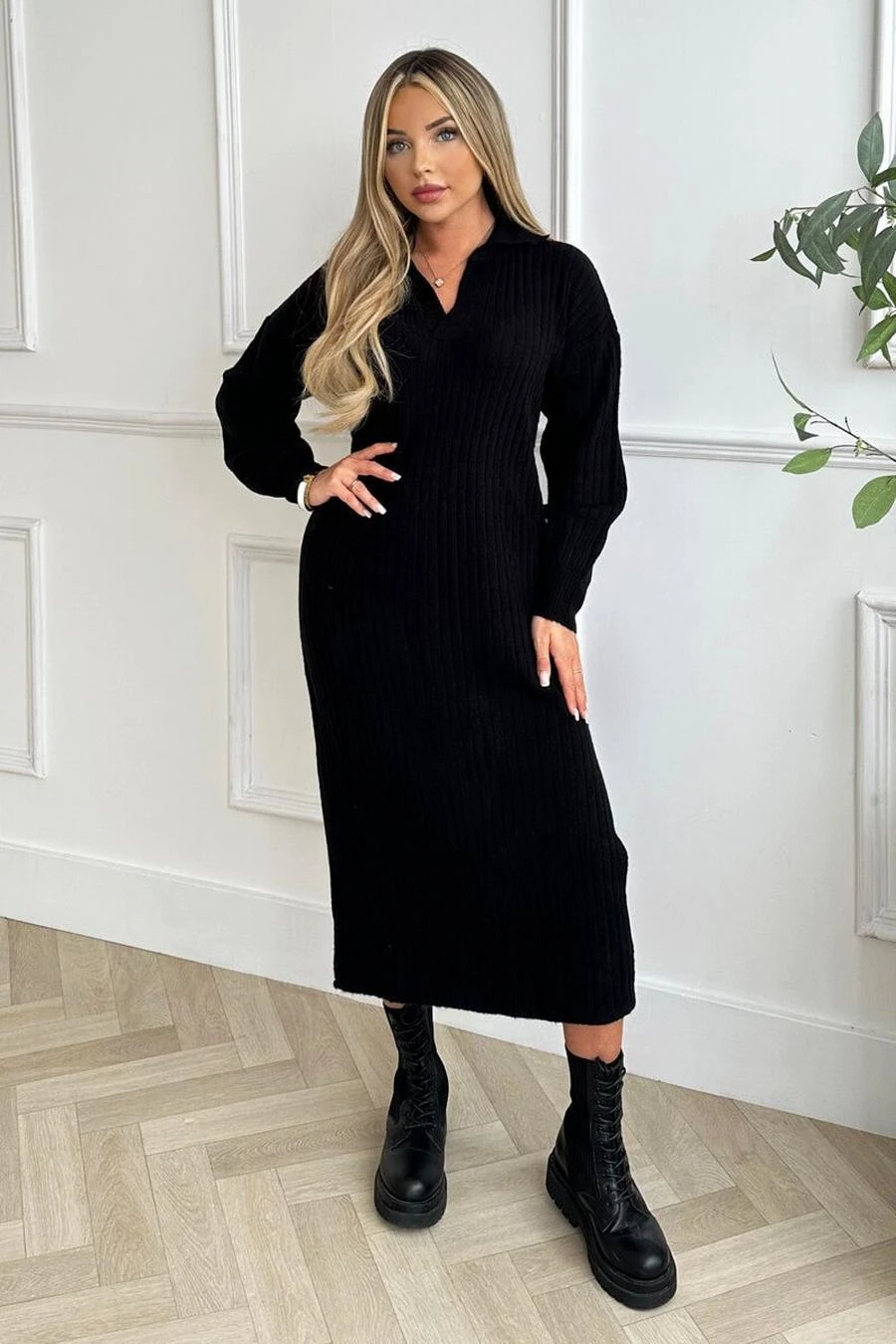 AX Paris Black Knit Long Sleeve Collared Midi Dress 1 AX Paris Black Knit Long Sleeve Collared Midi Dress