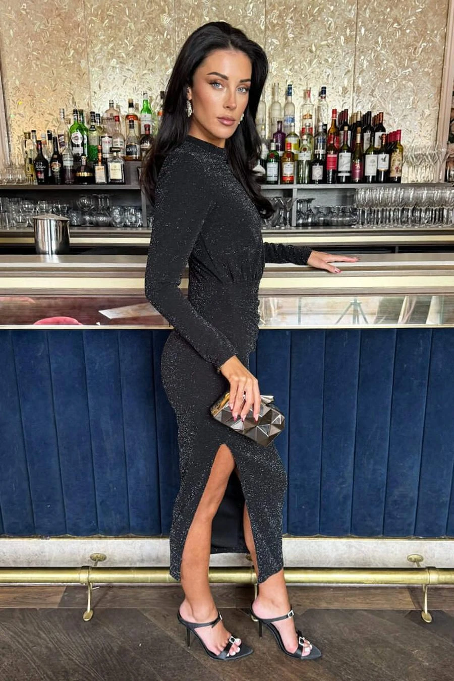 AX Paris Black Sparkly Long Sleeve Ruched Bodycon Midi Dress 2 AX Paris Black Sparkly Long Sleeve Ruched Bodycon Midi Dress - Image 2