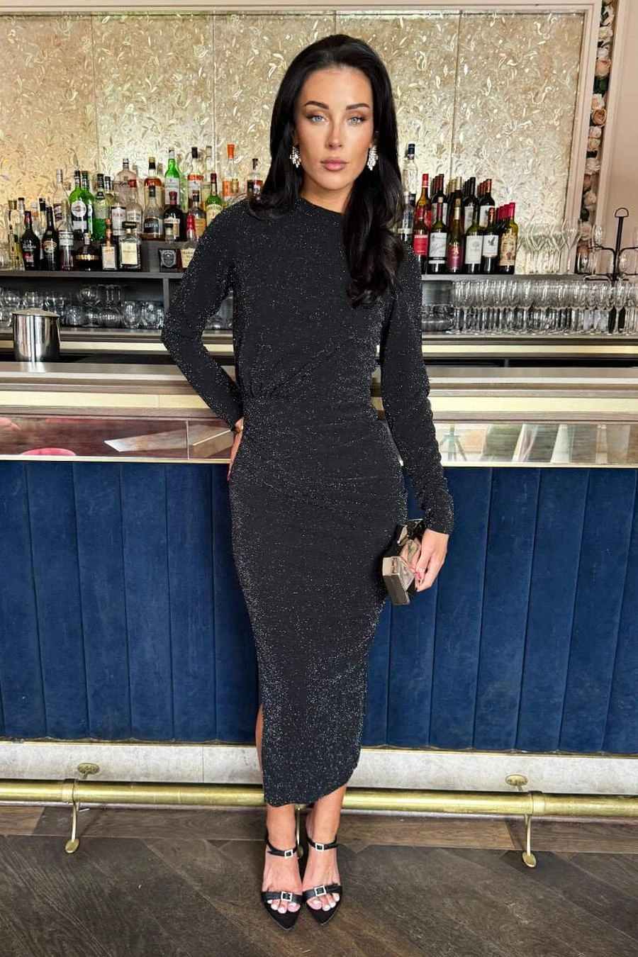 AX Paris Black Sparkly Long Sleeve Ruched Bodycon Midi Dress 1 AX Paris Black Sparkly Long Sleeve Ruched Bodycon Midi Dress