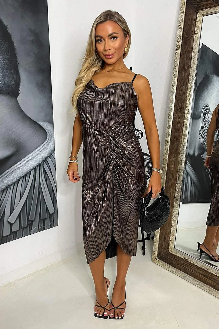 AX Paris Bronze Plisse Strappy Cowl Neck Gathered Skirt Midi Dress 1 AX Paris Bronze Plisse Strappy Cowl Neck Gathered Skirt Midi Dress