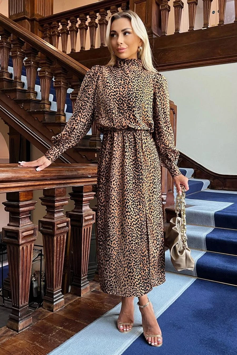 AX Paris Camel Animal Print High Neck Long Sleeve Midi Dress 2 AX Paris Camel Animal Print High Neck Long Sleeve Midi Dress - Image 2