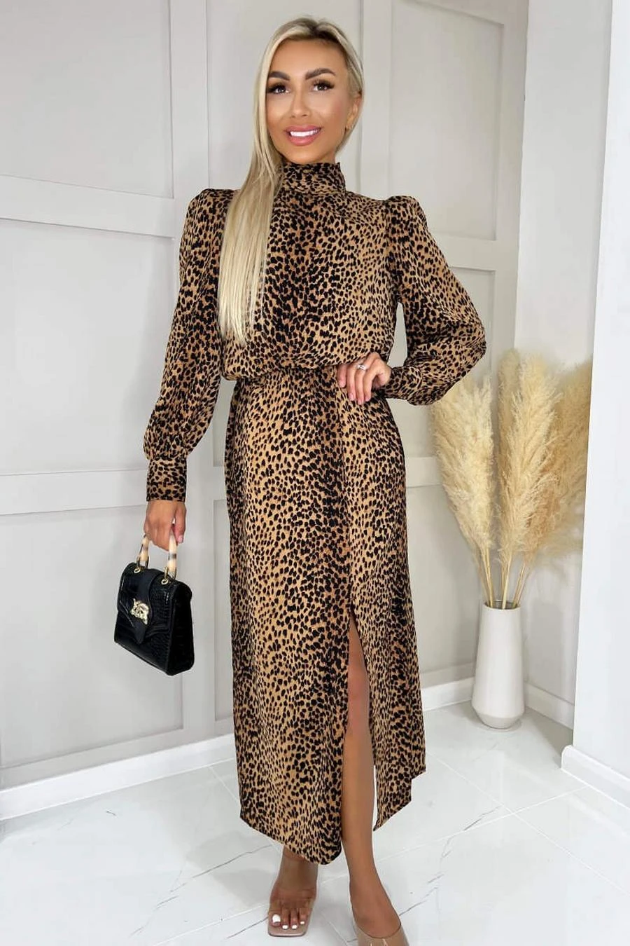 AX Paris Camel Animal Print High Neck Long Sleeve Midi Dress 4 AX Paris Camel Animal Print High Neck Long Sleeve Midi Dress - Image 4
