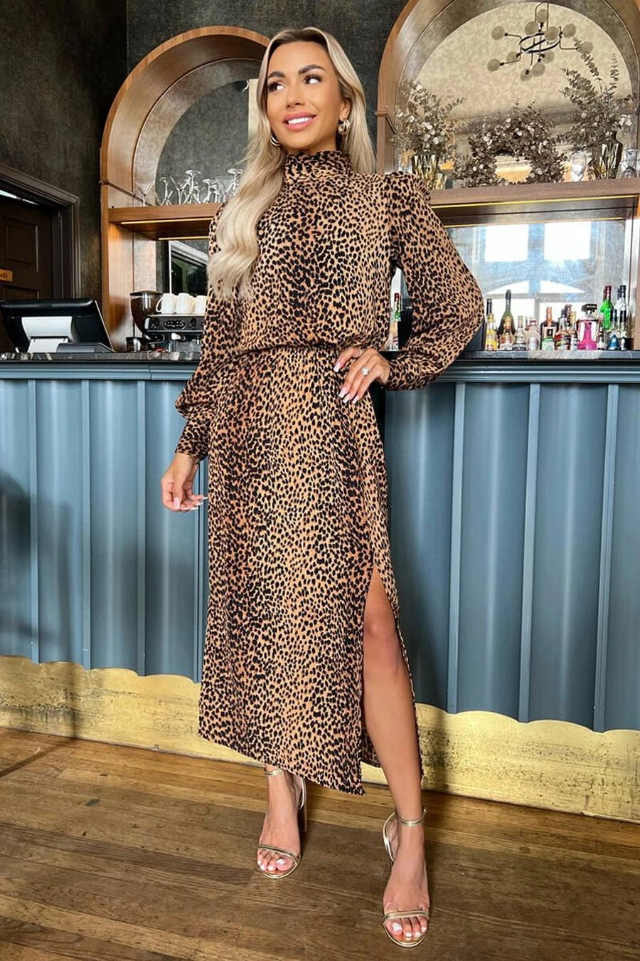 AX Paris Camel Animal Print High Neck Long Sleeve Midi Dress 1 AX Paris Camel Animal Print High Neck Long Sleeve Midi Dress