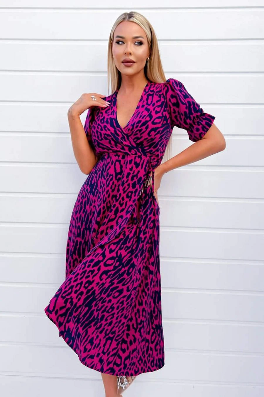 AX Paris Cerise And Navy Animal Print Wrap Midi Dress 2 AX Paris Cerise And Navy Animal Print Wrap Midi Dress - Image 2