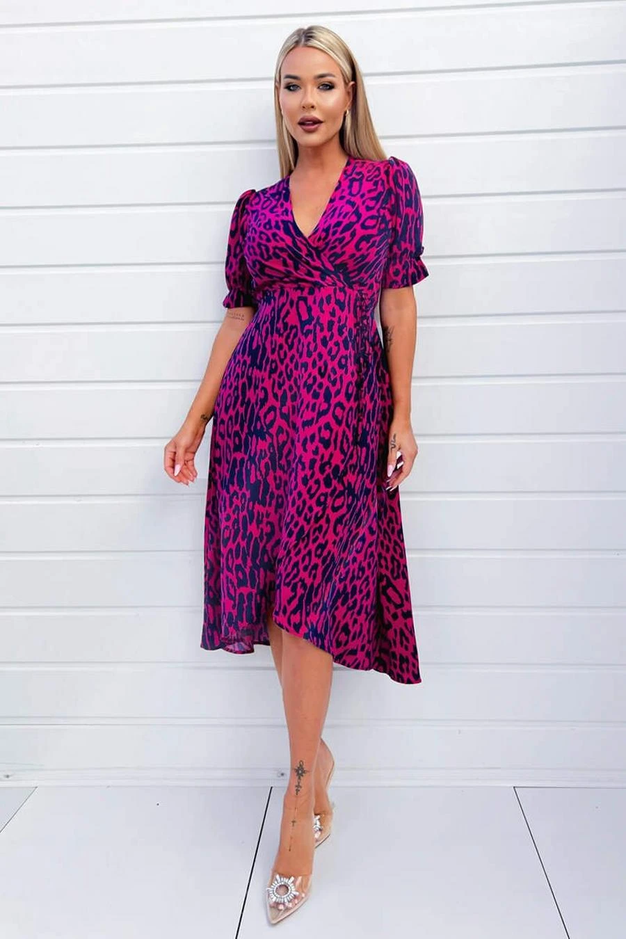 AX Paris Cerise And Navy Animal Print Wrap Midi Dress 4 AX Paris Cerise And Navy Animal Print Wrap Midi Dress - Image 4