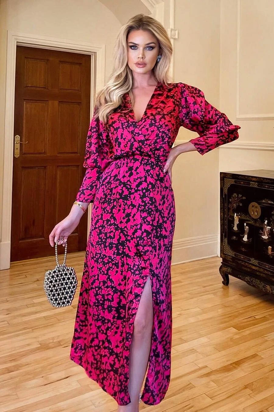 AX Paris Cerise Printed Wrap Top Split Skirt Midi Dress 3 AX Paris Cerise Printed Wrap Top Split Skirt Midi Dress - Image 3