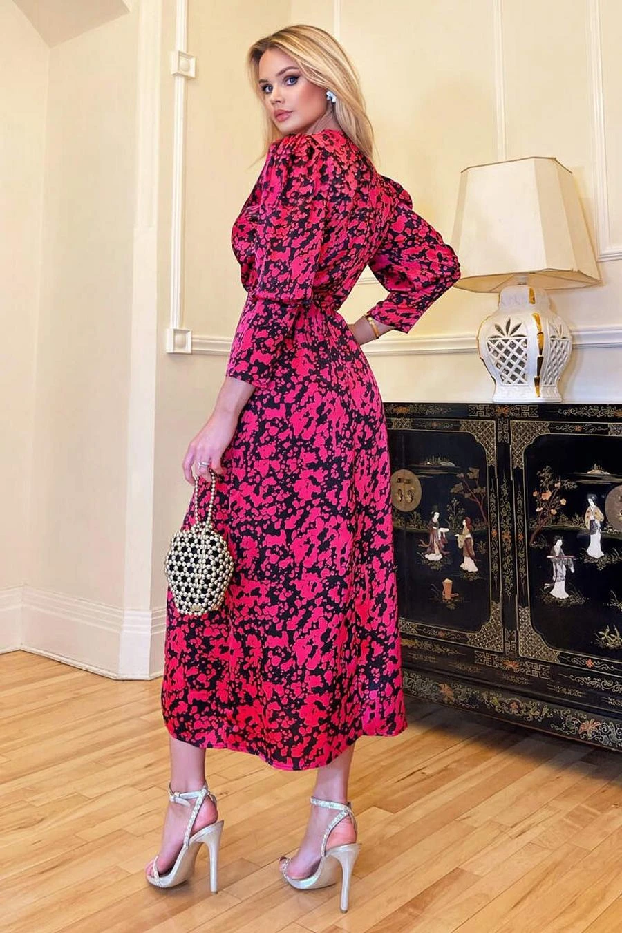 AX Paris Cerise Printed Wrap Top Split Skirt Midi Dress 4 AX Paris Cerise Printed Wrap Top Split Skirt Midi Dress - Image 4