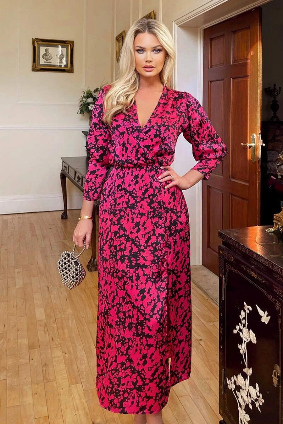 AX Paris Cerise Printed Wrap Top Split Skirt Midi Dress 1 AX Paris Cerise Printed Wrap Top Split Skirt Midi Dress