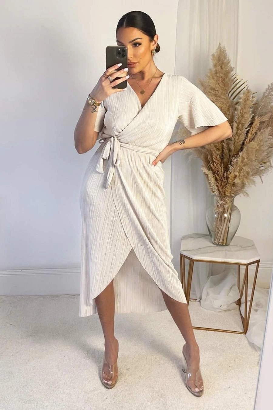 AX Paris Cream Wrap Top Belted Short Sleeve Plisse Midi Dress 2 AX Paris Cream Wrap Top Belted Short Sleeve Plisse Midi Dress - Image 2