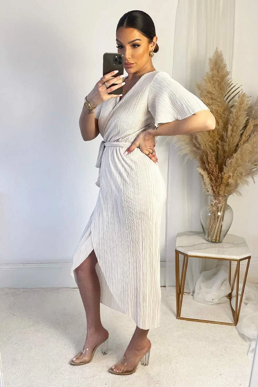 AX Paris Cream Wrap Top Belted Short Sleeve Plisse Midi Dress 3 AX Paris Cream Wrap Top Belted Short Sleeve Plisse Midi Dress - Image 3