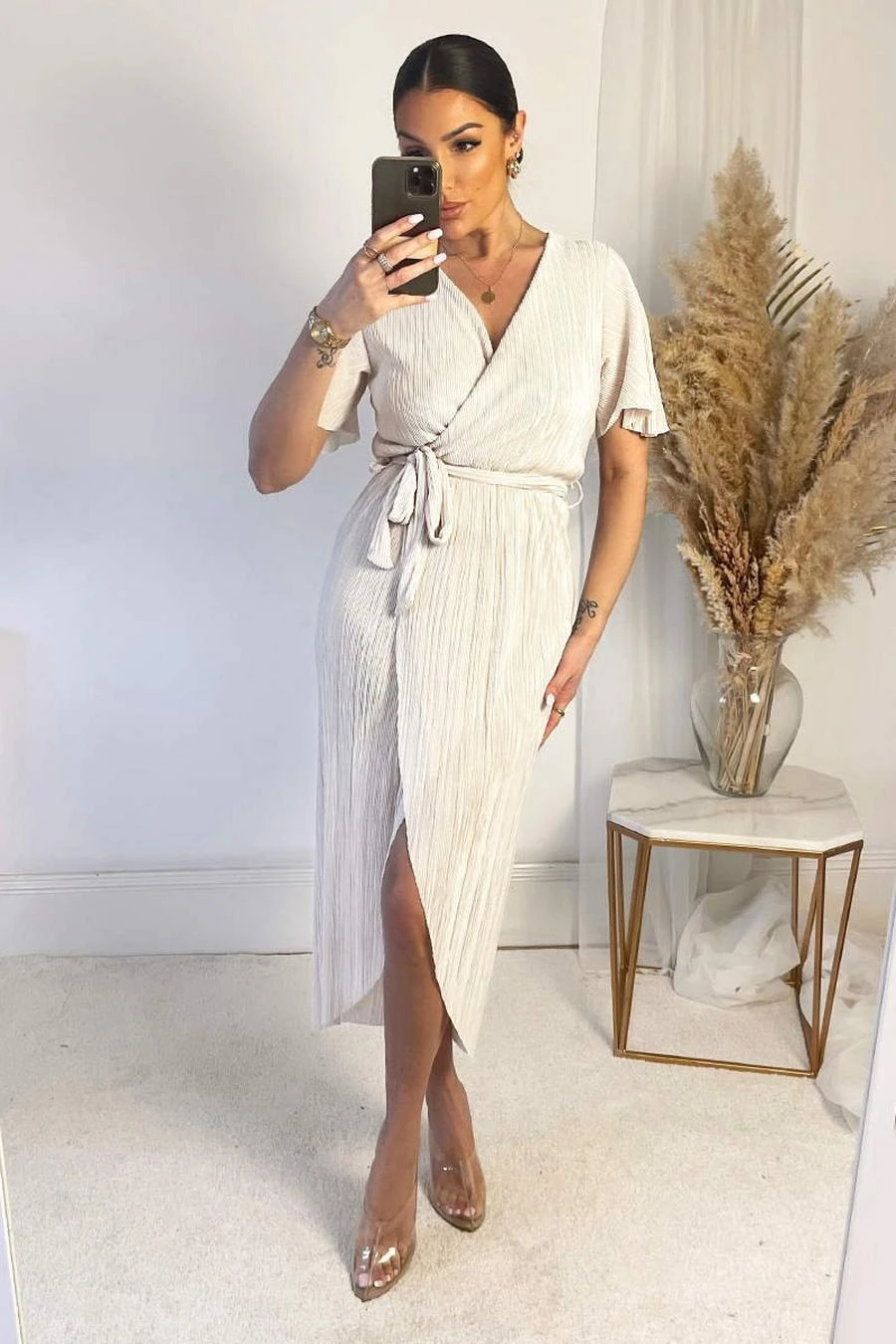 AX Paris Cream Wrap Top Belted Short Sleeve Plisse Midi Dress 1 AX Paris Cream Wrap Top Belted Short Sleeve Plisse Midi Dress