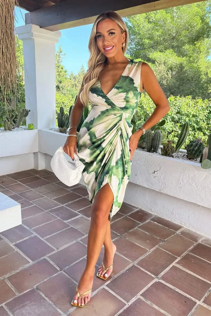 AX Paris Green And Cream Marble Print Wrap Top Gathered Skirt Midi Dress