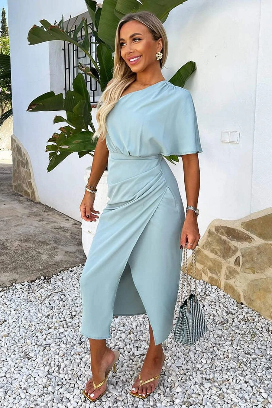 AX Paris Duck Egg One Shoulder Butterfly Sleeve Wrap Midi Dress 4 AX Paris Duck Egg One Shoulder Butterfly Sleeve Wrap Midi Dress - Image 4