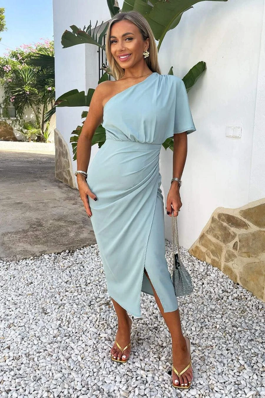 AX Paris Duck Egg One Shoulder Butterfly Sleeve Wrap Midi Dress 1 AX Paris Duck Egg One Shoulder Butterfly Sleeve Wrap Midi Dress