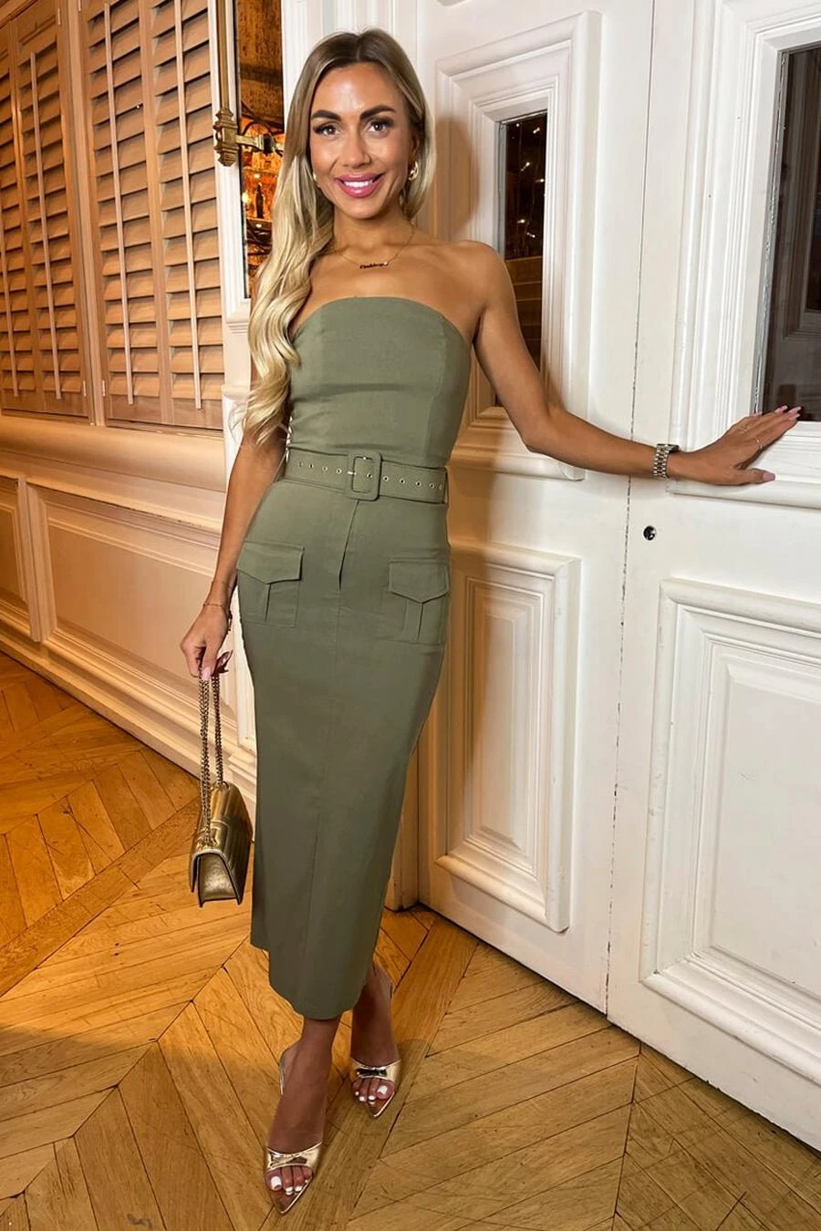 AX Paris Khaki Stretch Cotton Strapless Belted Bodycon Midi Dress 1 AX Paris Khaki Stretch Cotton Strapless Belted Bodycon Midi Dress