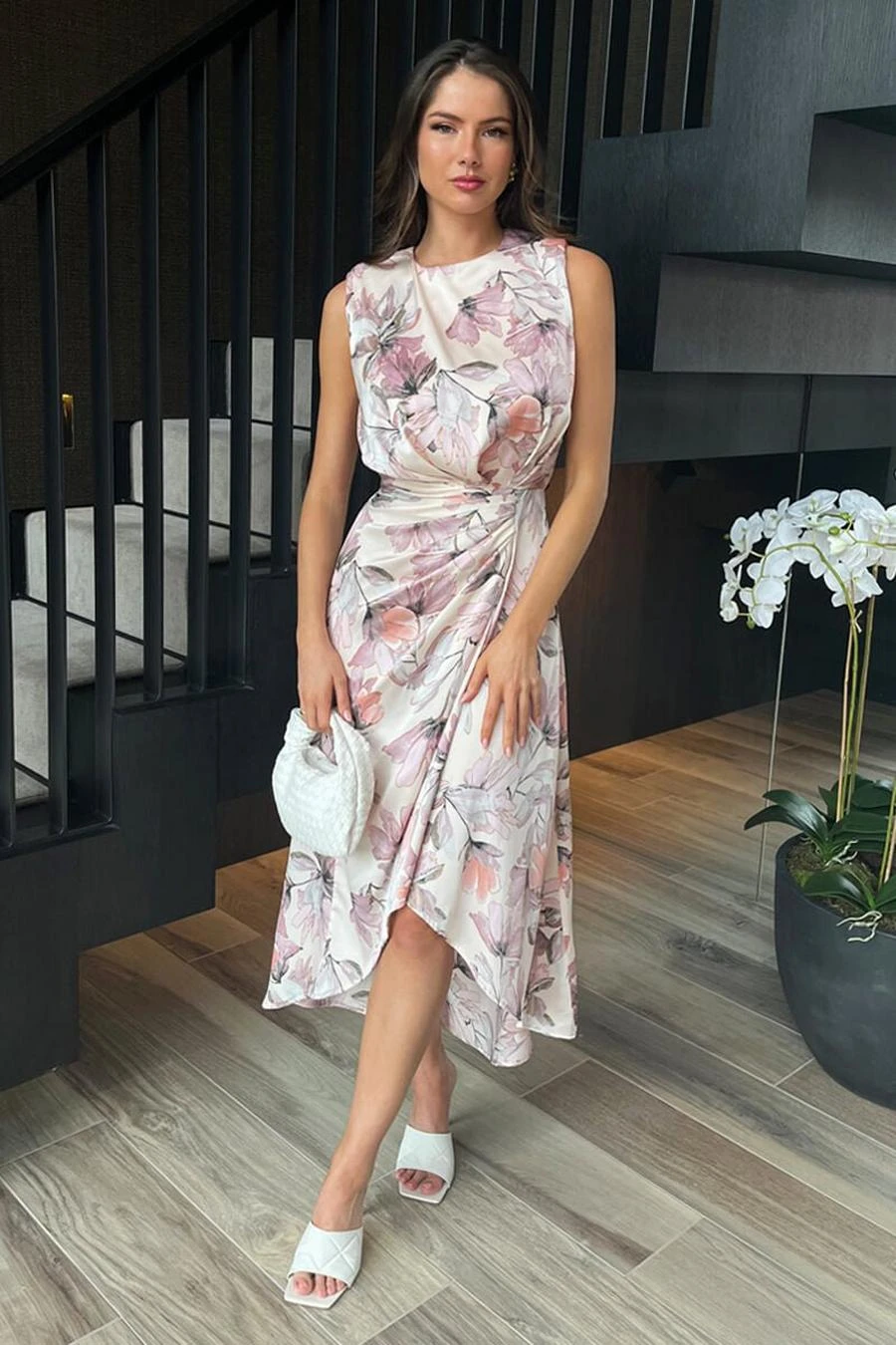 AX Paris Blush Floral Print Gathered Midi Dress With Shoulder Pads 2 AX Paris Blush Floral Print Gathered Midi Dress With Shoulder Pads - Image 2
