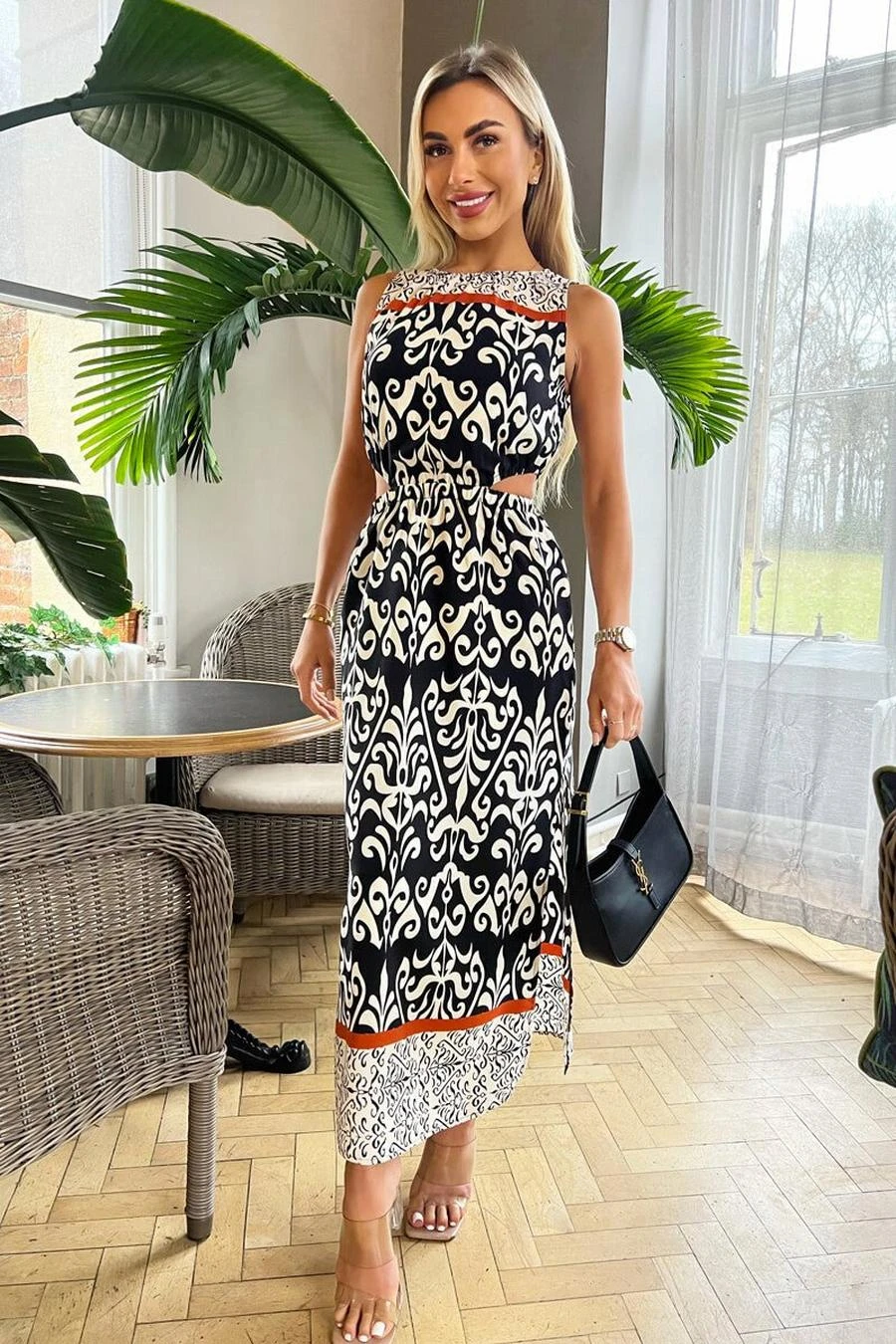 AX Paris Black And Cream Printed Cut Out Waist Midi Dress 1 AX Paris Black And Cream Printed Cut Out Waist Midi Dress