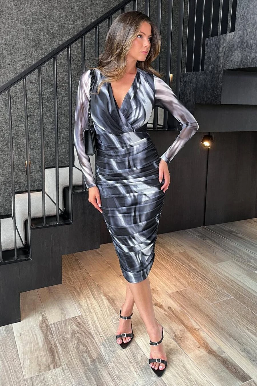 AX Paris Black And White Marble Print Wrap Long Sleeve Ruched Mesh Midi Dress 3 AX Paris Black And White Marble Print Wrap Long Sleeve Ruched Mesh Midi Dress - Image 3