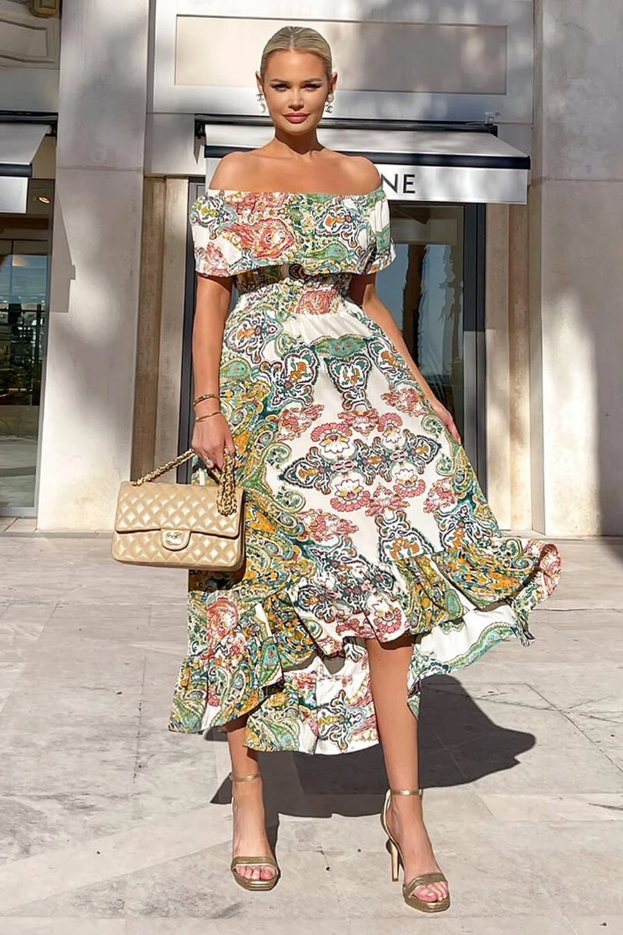 AX Paris Green Paisley Multi Printed Bardot Style Midi Dress 2 AX Paris Green Paisley Multi Printed Bardot Style Midi Dress - Image 2