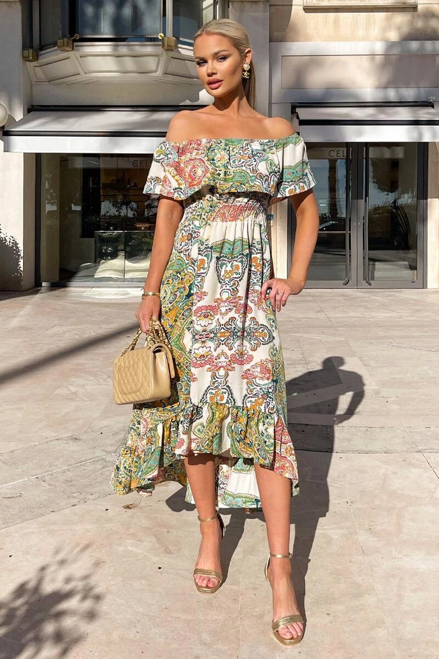 AX Paris Green Paisley Multi Printed Bardot Style Midi Dress 3 AX Paris Green Paisley Multi Printed Bardot Style Midi Dress - Image 3